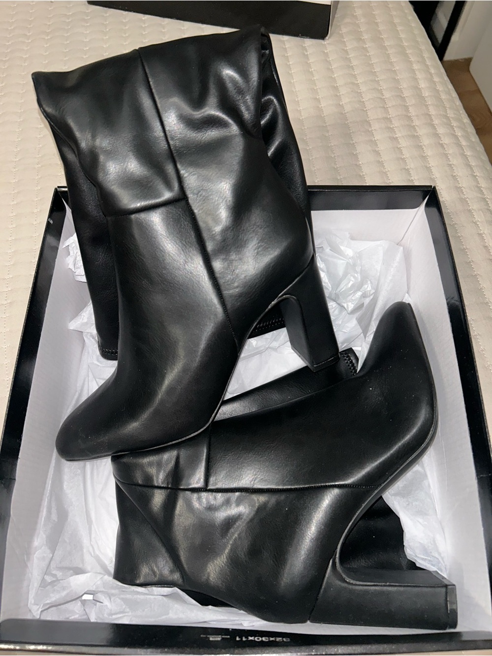 Madden Girl Black Leather-Look Mid-Calf Block Heel Boots